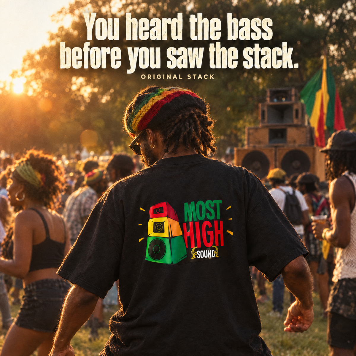 Original Stack tee at an outdoor sound system session at sunset